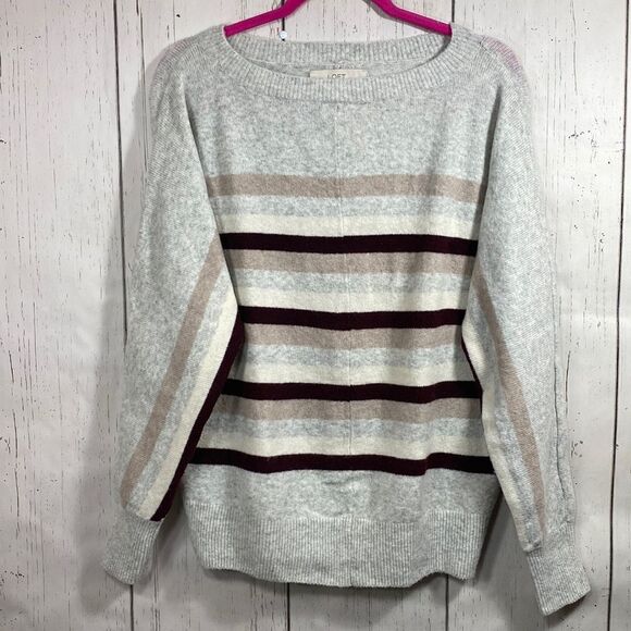 LOFT Gray Striped Crewneck Sweater Size S Cozy Minimalist Fall Knit Neutral - Picture 1 of 14